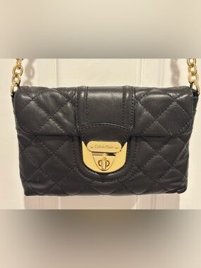 Calvin Klein Black Quilted Leather Bag with Gold Turn-Lock